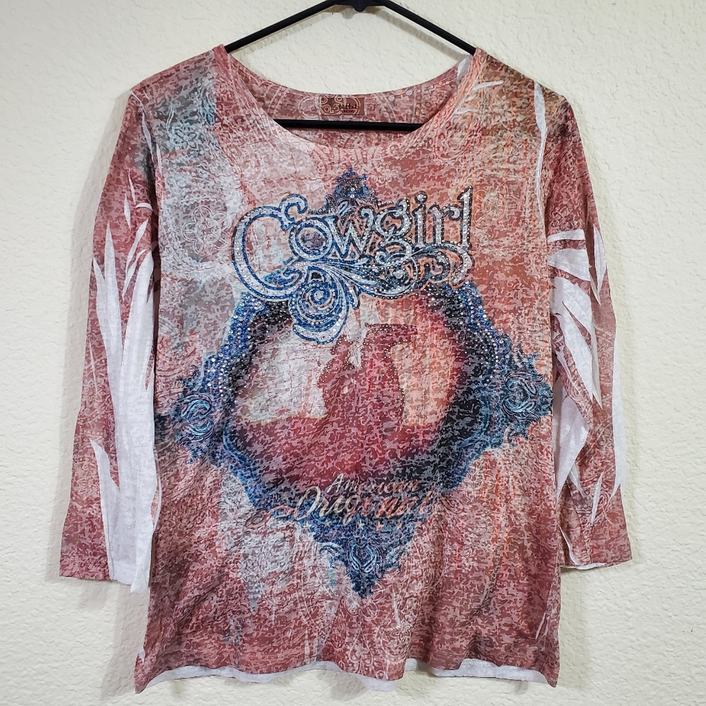 Cactus Brown Long Sleeve Sheer Cowgirl Country Womens Top Medium  Great Pre-Owne